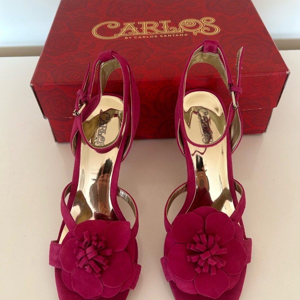 Carlos by Carlos Santana Magenta Suede Floral Open-Toe Heels
